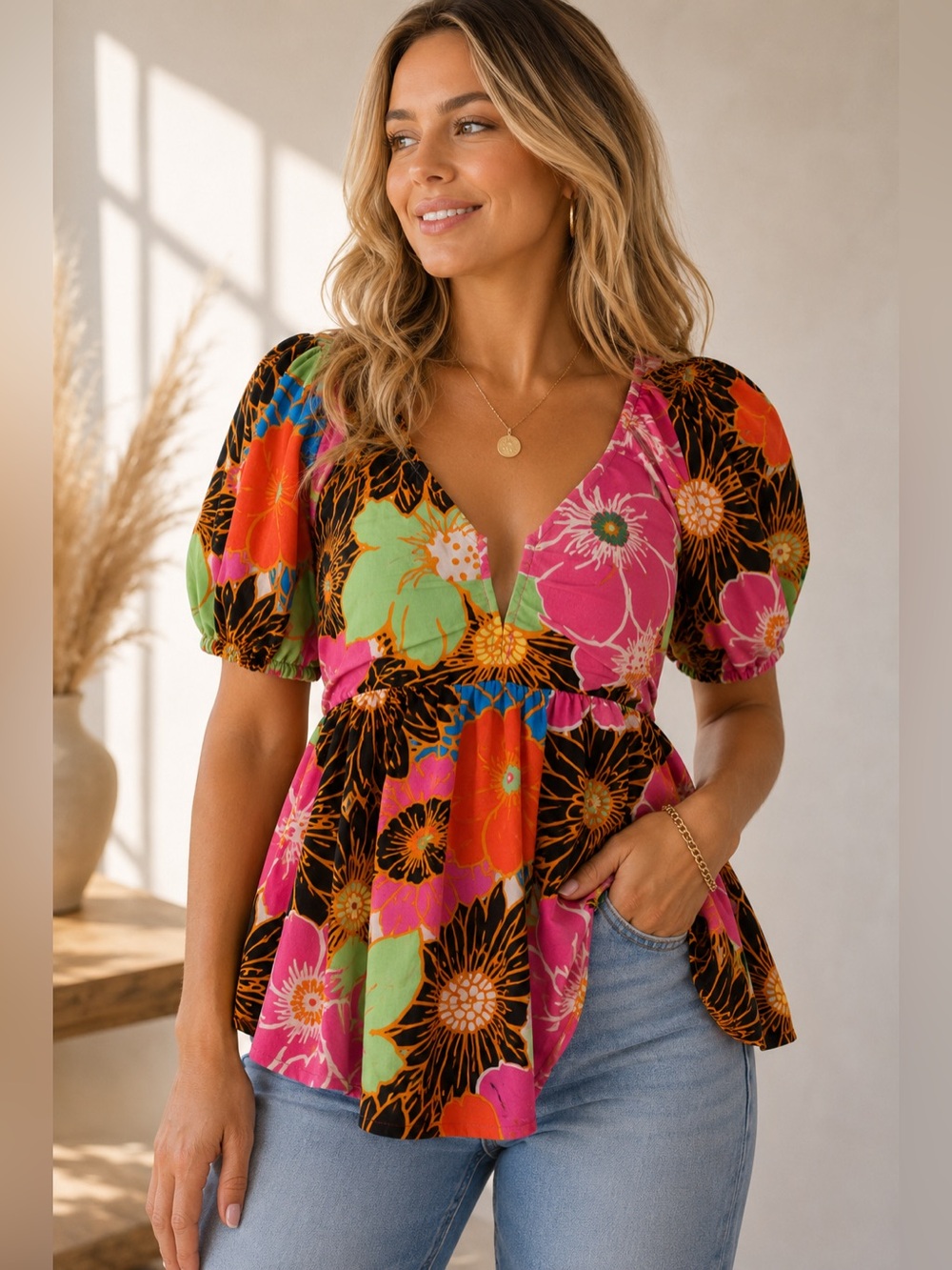 Entro Floral Puff Sleeve Peplum Blouse Black Pink Multicolor Medium